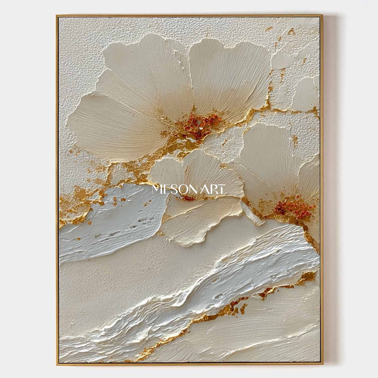 Gold and white flowers plaster art white flowers wall art decor Flowers texture canvas painting