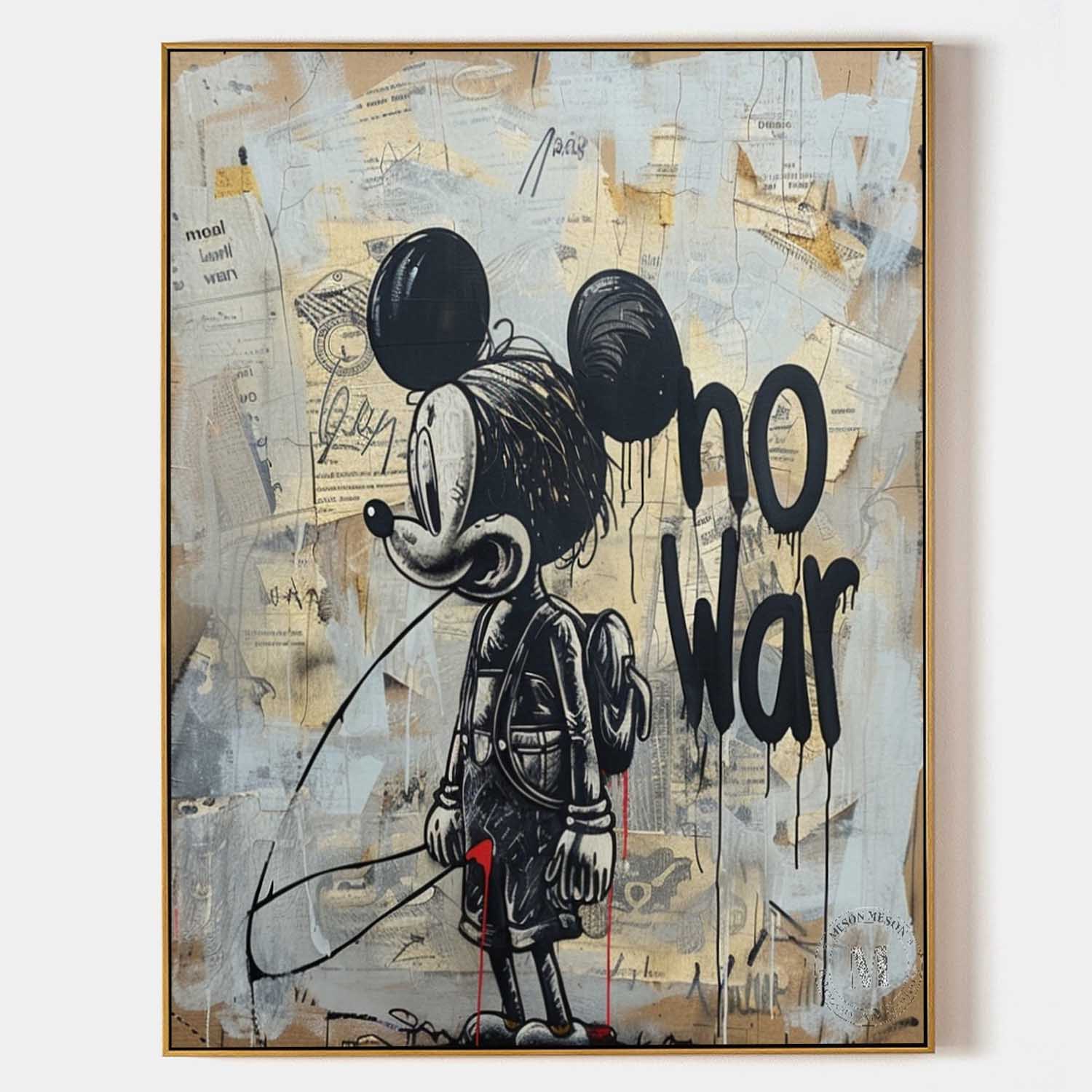 Mickey Mouse Canvas Banksy Street Art "No War" Painting with Abstract Graffiti Wall Art