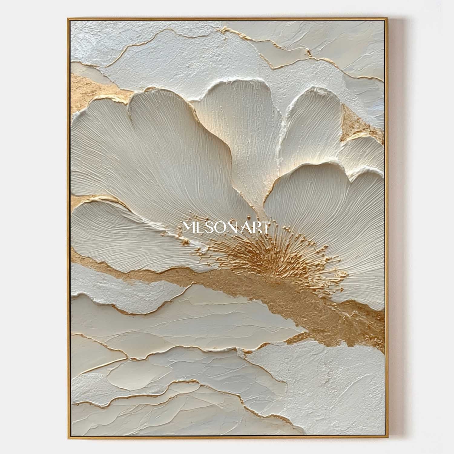 White Flower Art Decoration Gold and White Flowers Plaster Art Canvas Flower Texture Wall Painting
