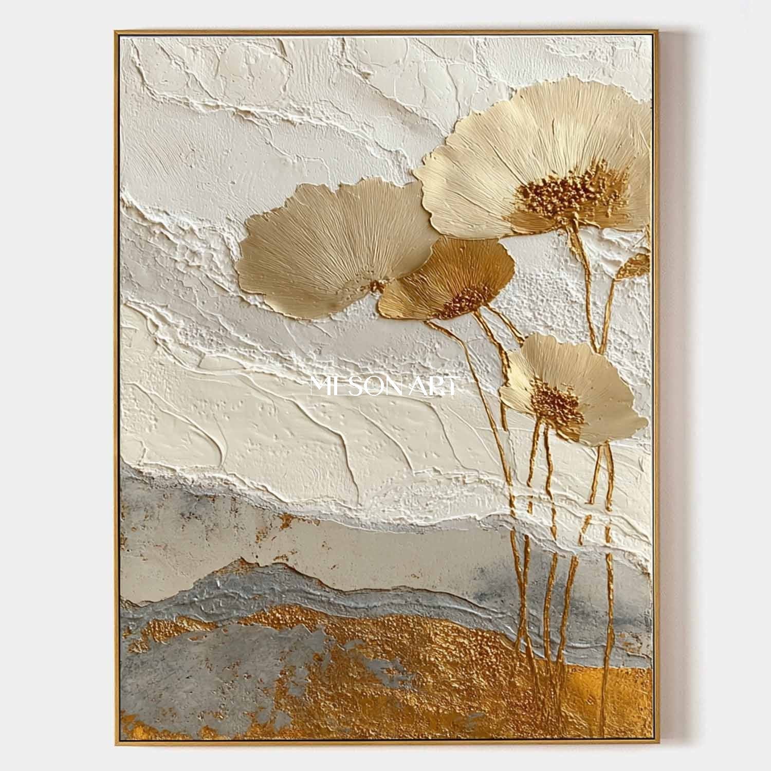 Golden Flower Art Decoration Gold and White Flowers Plaster Art Canvas Flower Texture Wall Paintings