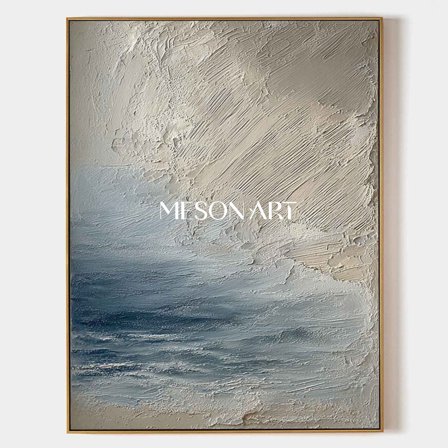 Large 3D Blue And Beige Abstract Canvas Art Abstract Sea Texture Paintings Sea Wall Art Decor