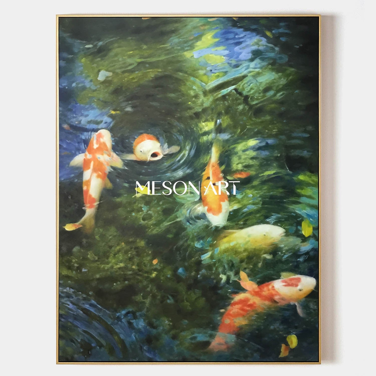 Large Green Textured Oil Painting Water Koi Pond Living Room Art Decor