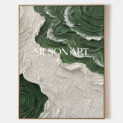 Emerald Green and White Art Diagonal Fluid Abstract Painting Forest Green Abstract River Painting
