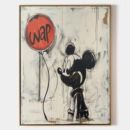 Banksy Ballon Graffiti Art Selling Disney Mickey Mouse Abstract Painting Beige and Black Wall Decor