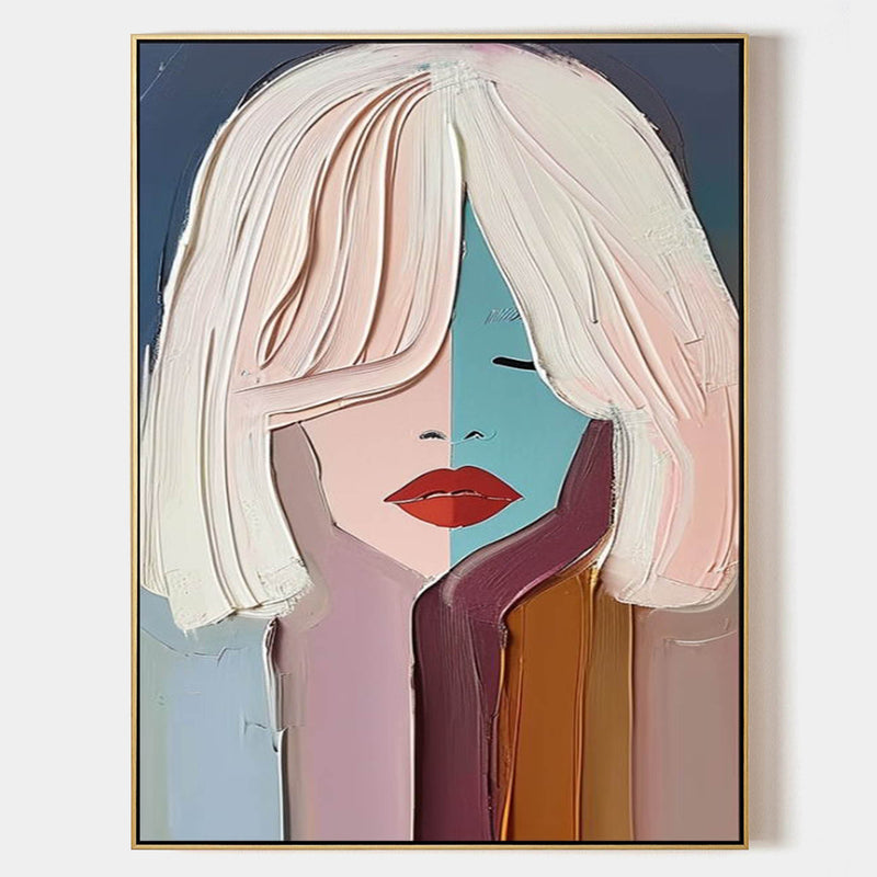 Large Pretty Girl Abstract Wall Art Pretty Lady Textured Painting Colorful Beautiful Girl Canvas Art