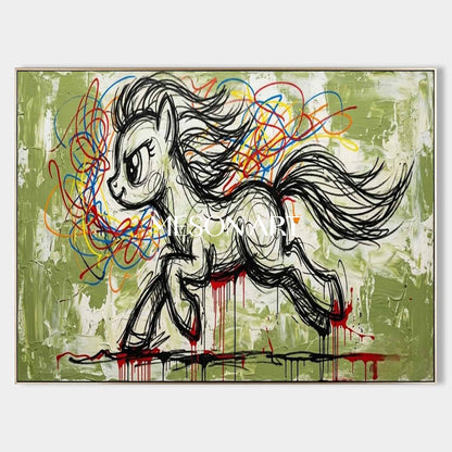 Abstract Graffiti Pony Wall Art Green Plaster Textured 3D Canvas Painting for Modern Decor