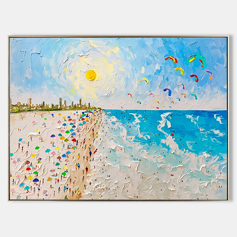 Sun Sea Waves Beach Oil Painting Textured Canvas Art Palette Knife Wall Art Summer Painting For Sale