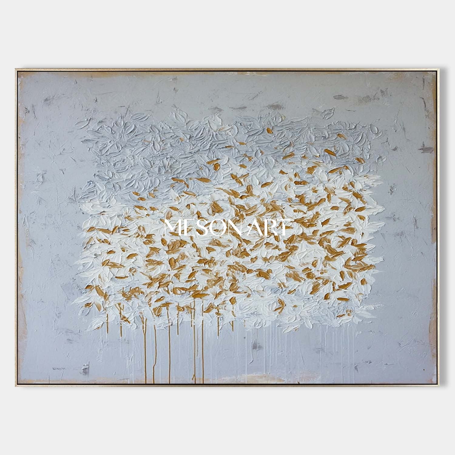 Abstract Expressionist Horizontal Painting Grey White Gold Canvas Art