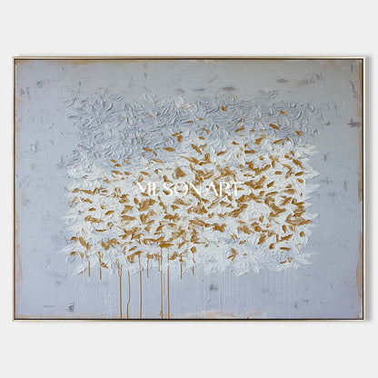 Abstract Expressionist Horizontal Painting Grey White Gold Canvas Art