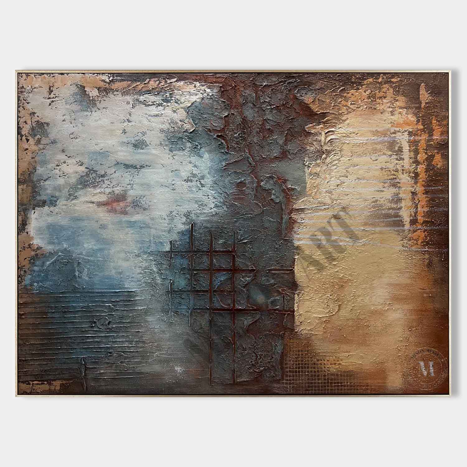 Large Wabi Sabi Abstract Art Wall Decor Blue and Brown Textured Painting for Sale