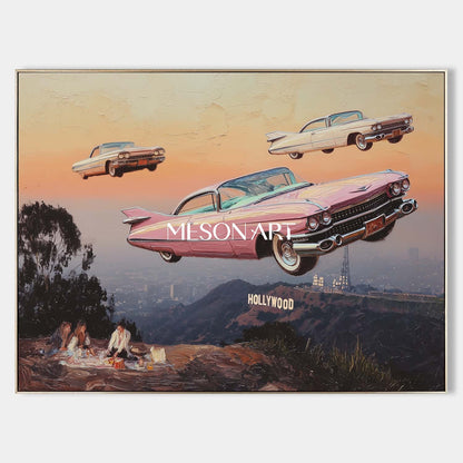 Surreal Sunset Surreal Art Flying Vintage Cars Hollywood Hills Canvas