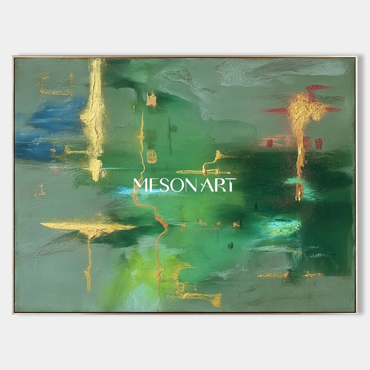 Emerald Green Abstract Canvas Art with Gold Texture Contemporary Style