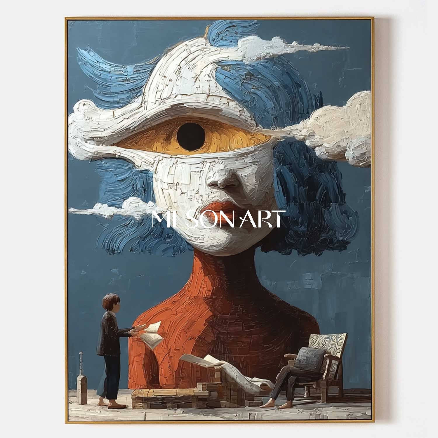 Fantasy Face in the Clouds – Conceptual Surrealist Painting with Blue Backdrop