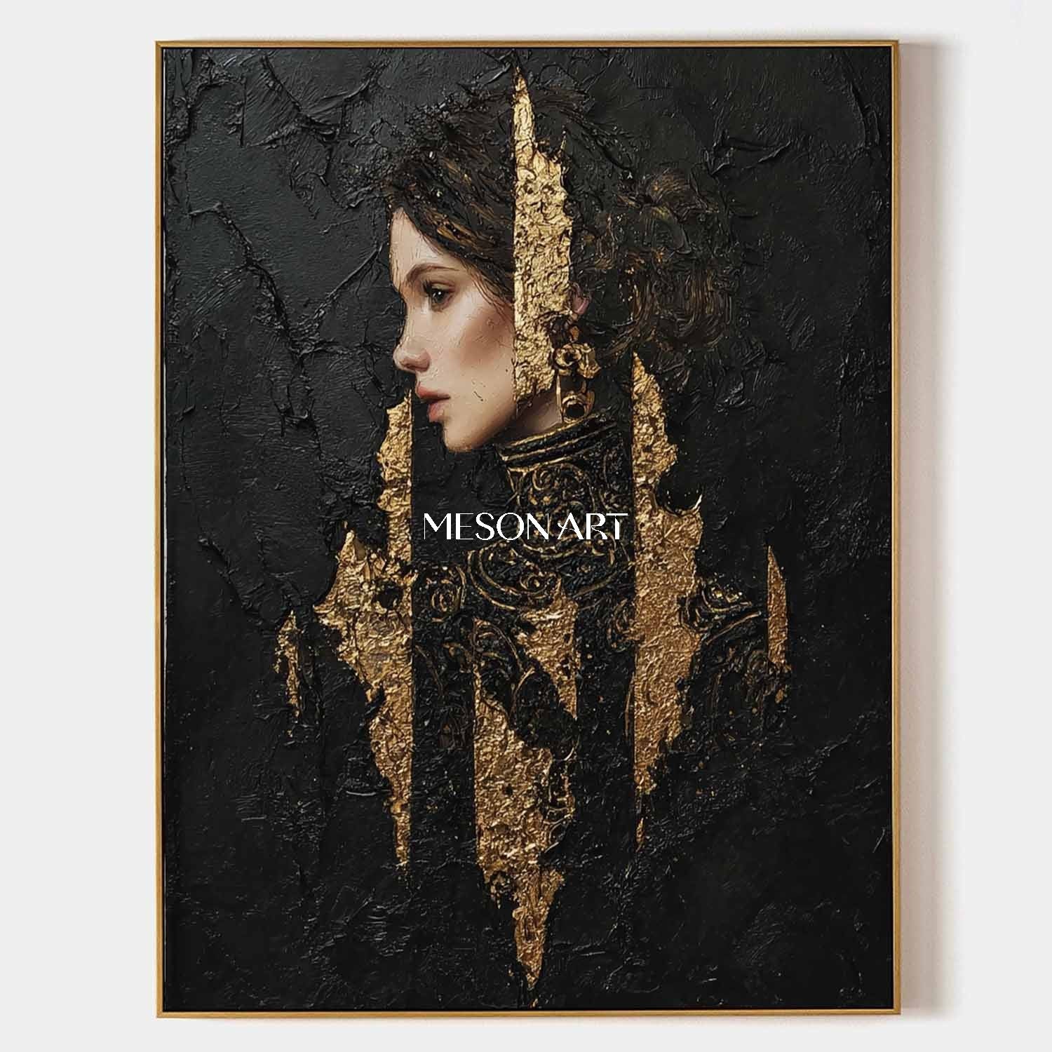 Black and Gold Lady Abstract Portrait Art for Sale Pretty Woman Portrait Texture Painting