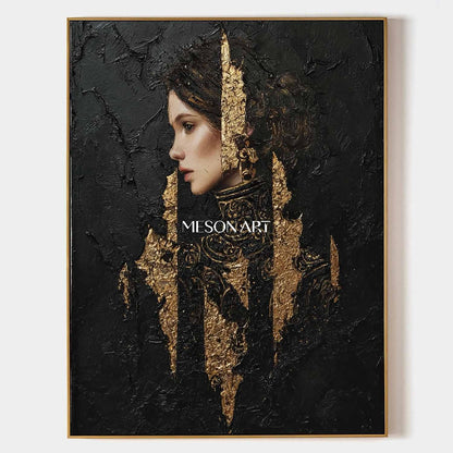 Black and Gold Lady Abstract Portrait Art for Sale Pretty Woman Portrait Texture Painting