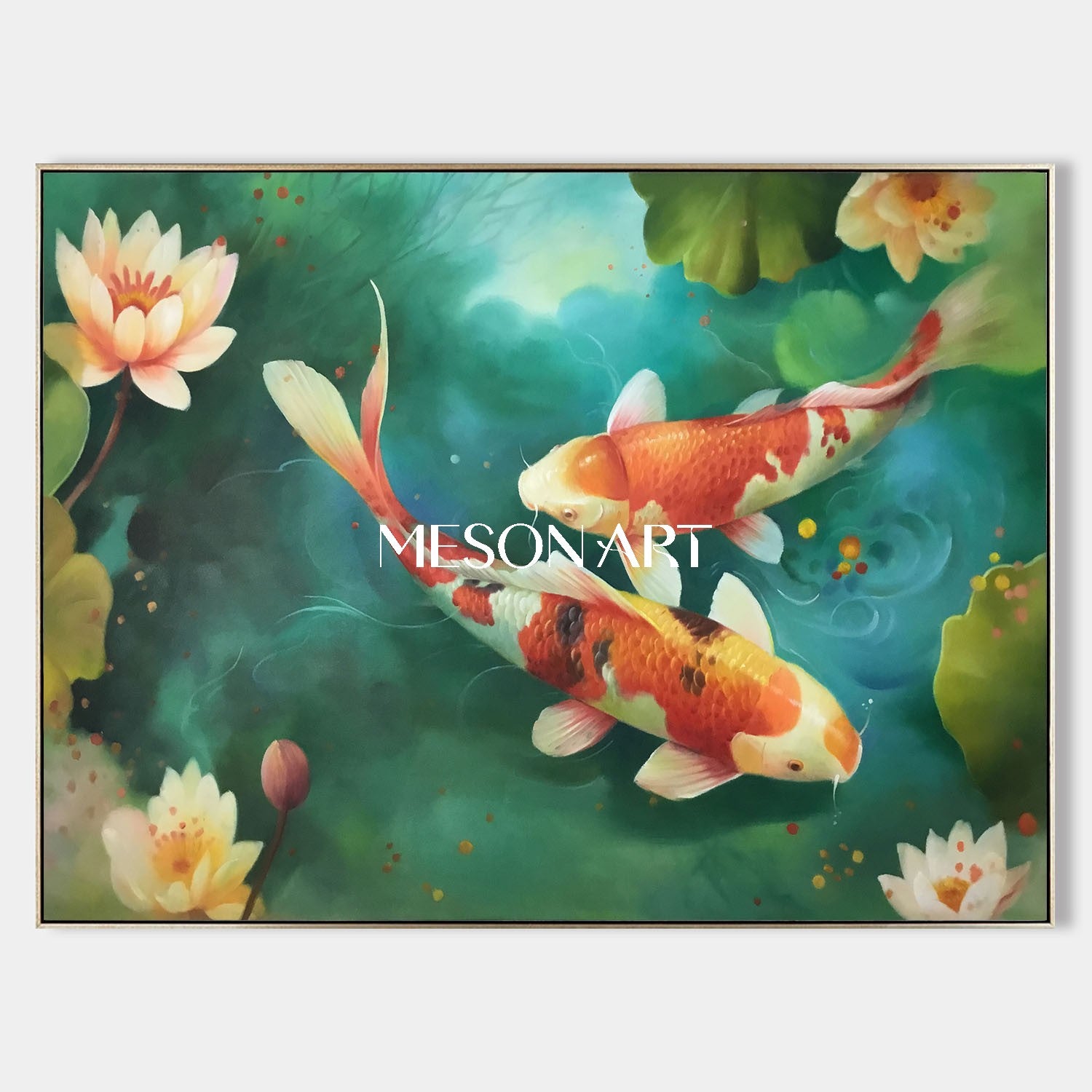 豪華な手描きの青い鯉魚壁アート風水キャンバス絵画 – MesonArt