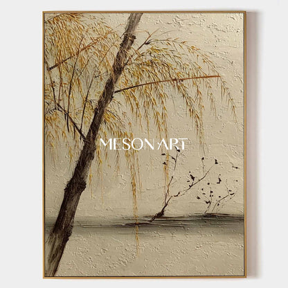 Modern Zen-Inspired Nature Painting – Willow Scene on Textured Canvas | Mesonart