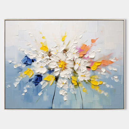 Large White and Blue Flowers Texture Painting Floral Palette Wall Art Decoration Floral Canvas Art