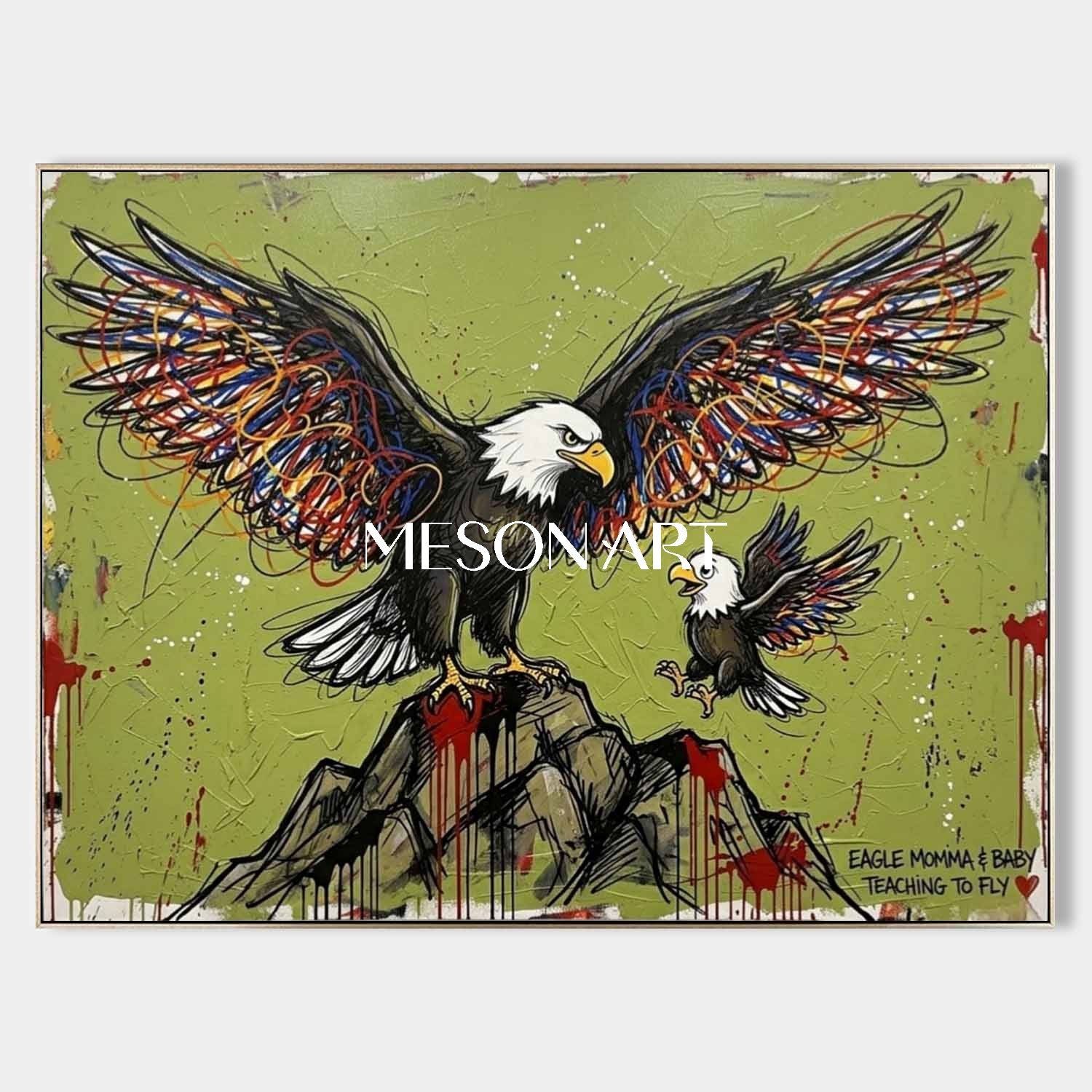 Modern Graffiti Bald Eagle Mother & Baby Teaching to Fly Canvas Wall Art