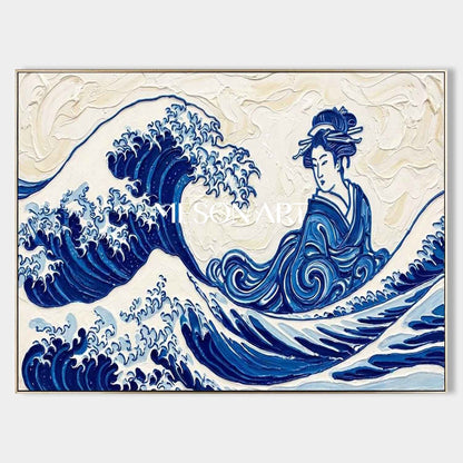 Hand-Painted 3D Textured Great Wave Geisha Oil Painting on Canvas | Japandi Blue Ocean Wall Art | MesonArt