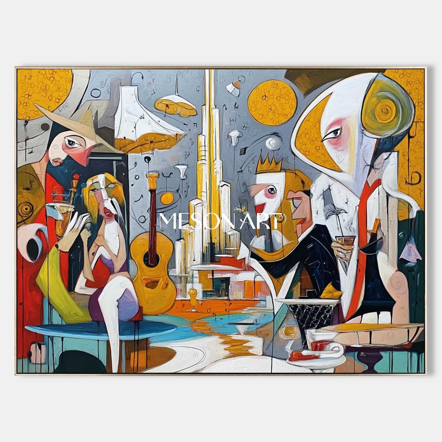 Modern Picasso Inspired Cubist Scene Large Wall Art for Dining Room