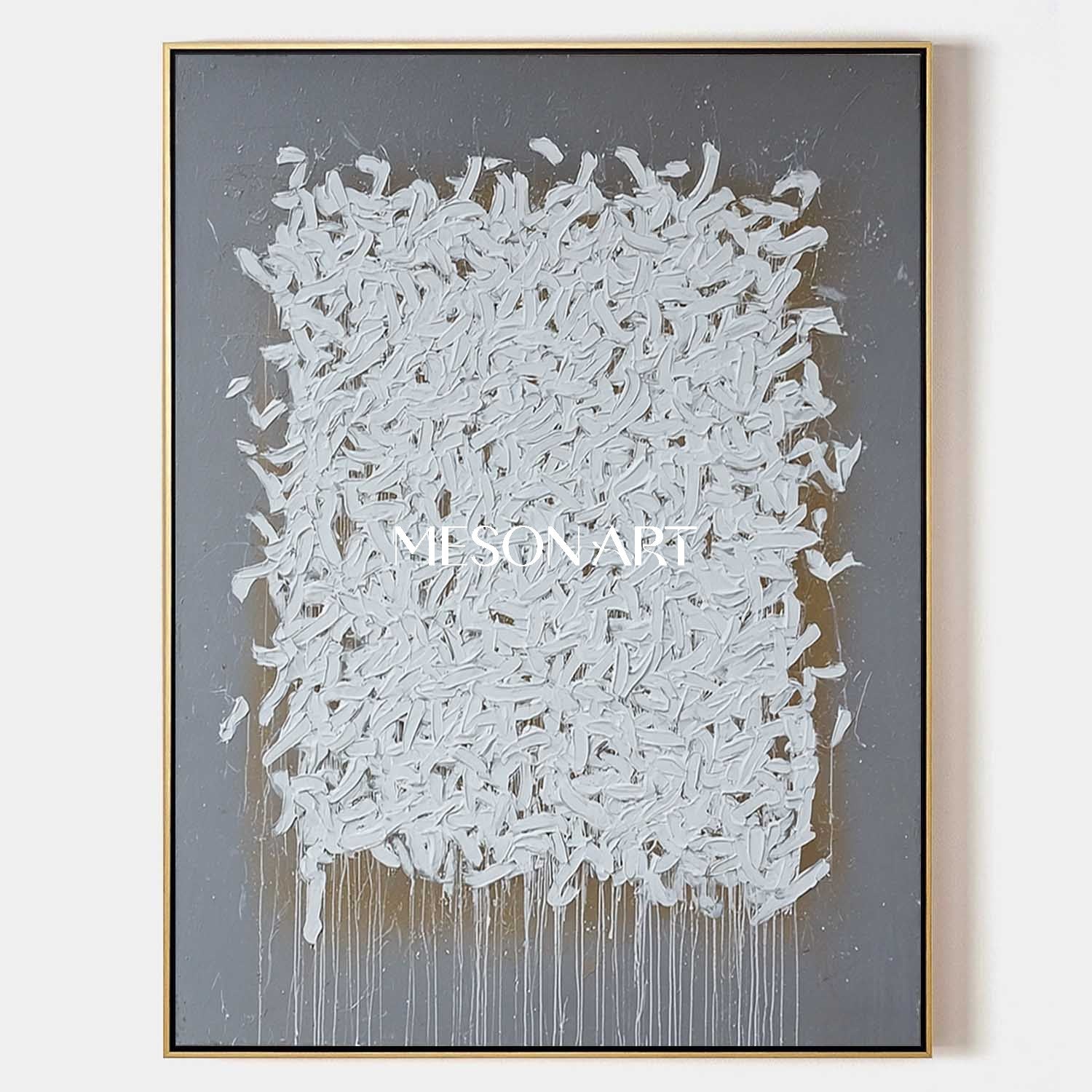 Wabi-Sabi Abstract Painting White Brush Strokes Grey Minimalist Canvas