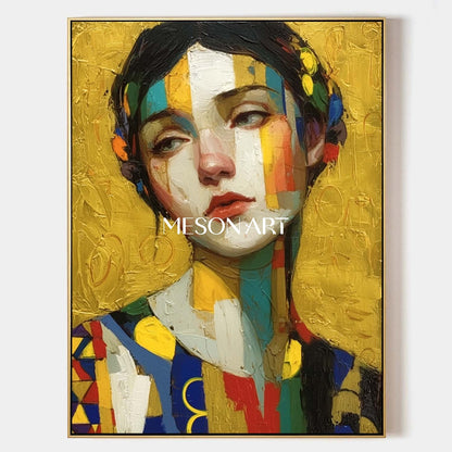 Klimt-inspired Abstract Art Portrait Vibrant Gold Textured Canvas