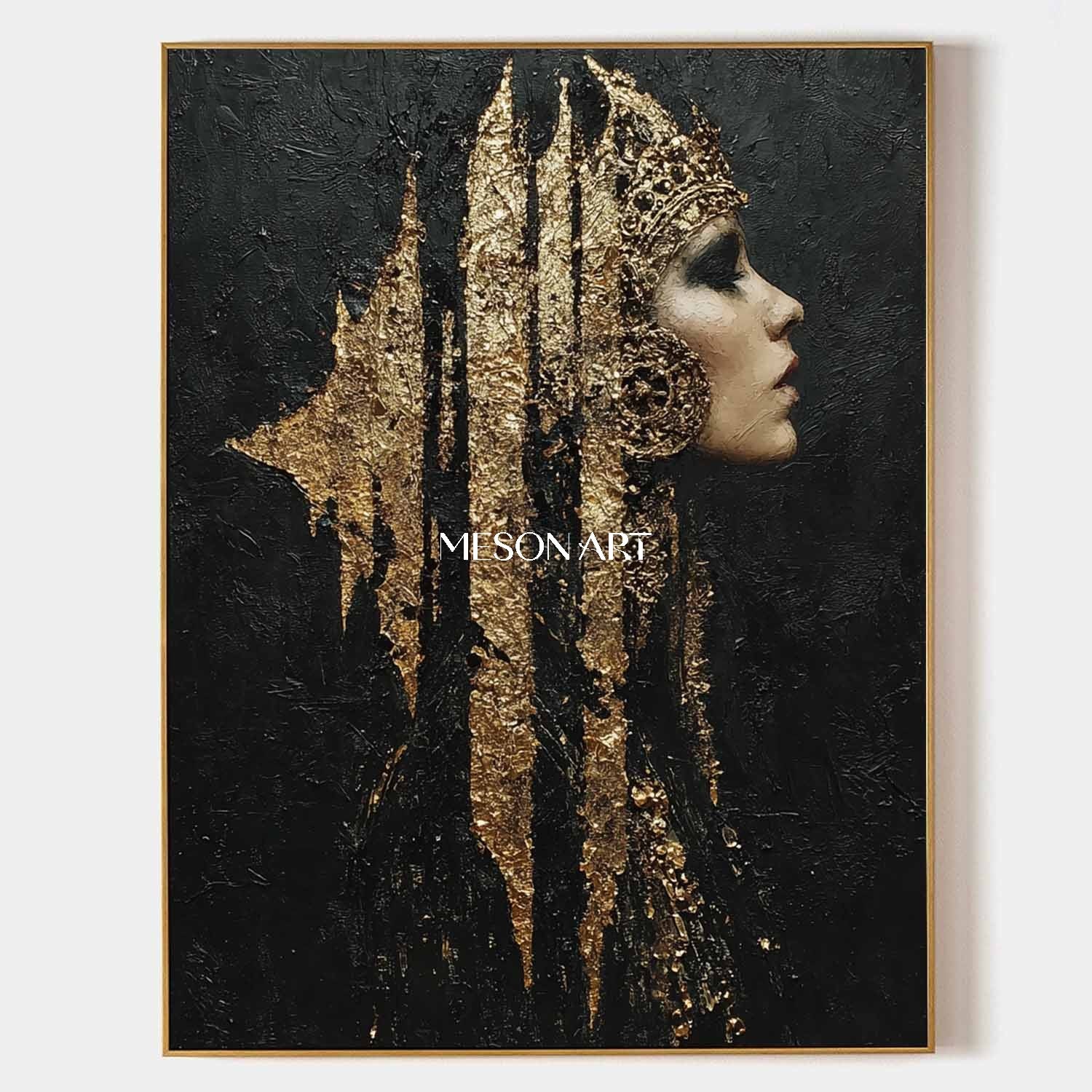 Pretty Woman Portrait Texture Paintings Black and Gold Lady Abstract Portrait Canvas Art for Sale