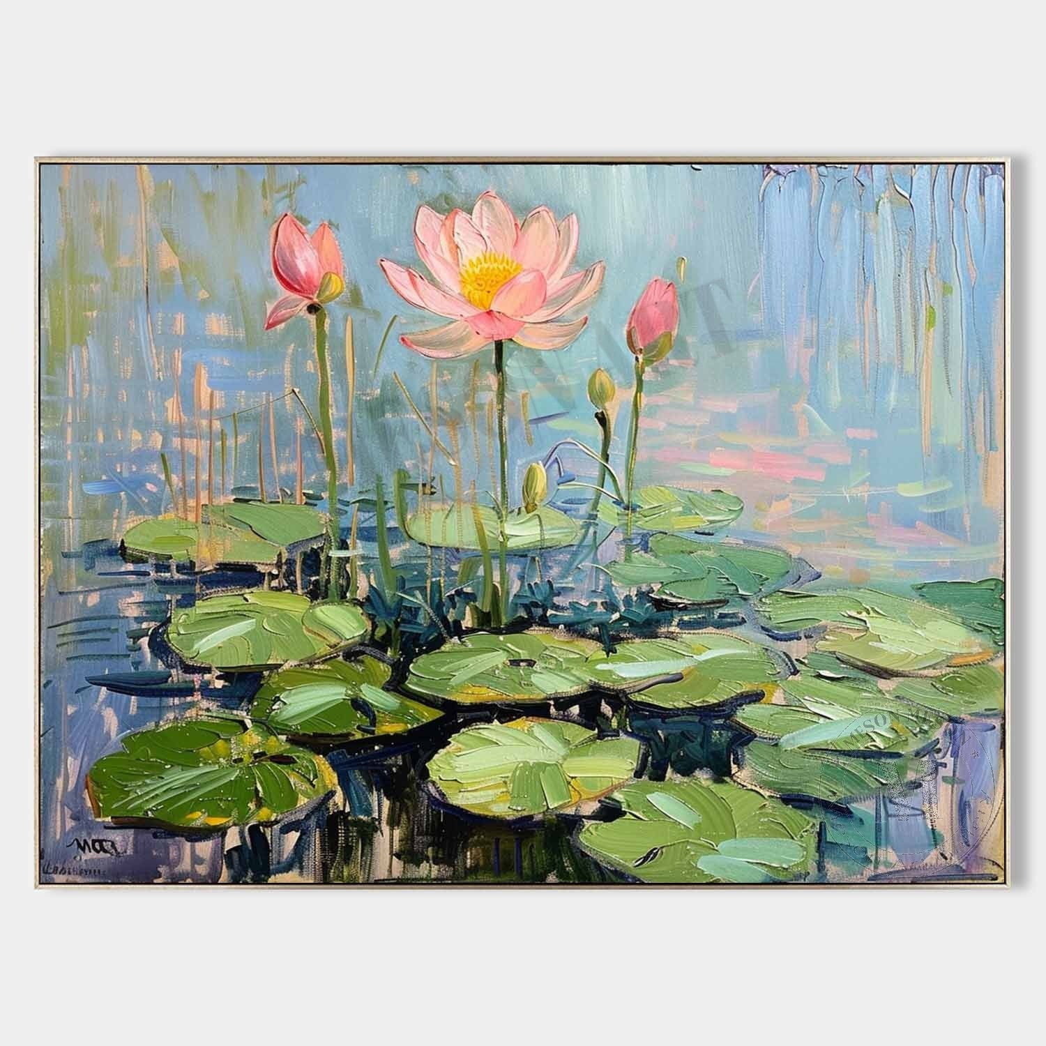 Large 60*40 Blue Monet Lotus Canvas Art for Sale Monet Lotus Canvas Wall Art Decor Hanging Painting