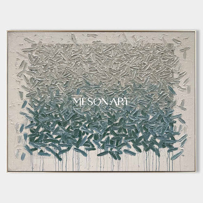 Horizontal Abstract Canvas Painting Grey Blue-Green Textured Wall Art