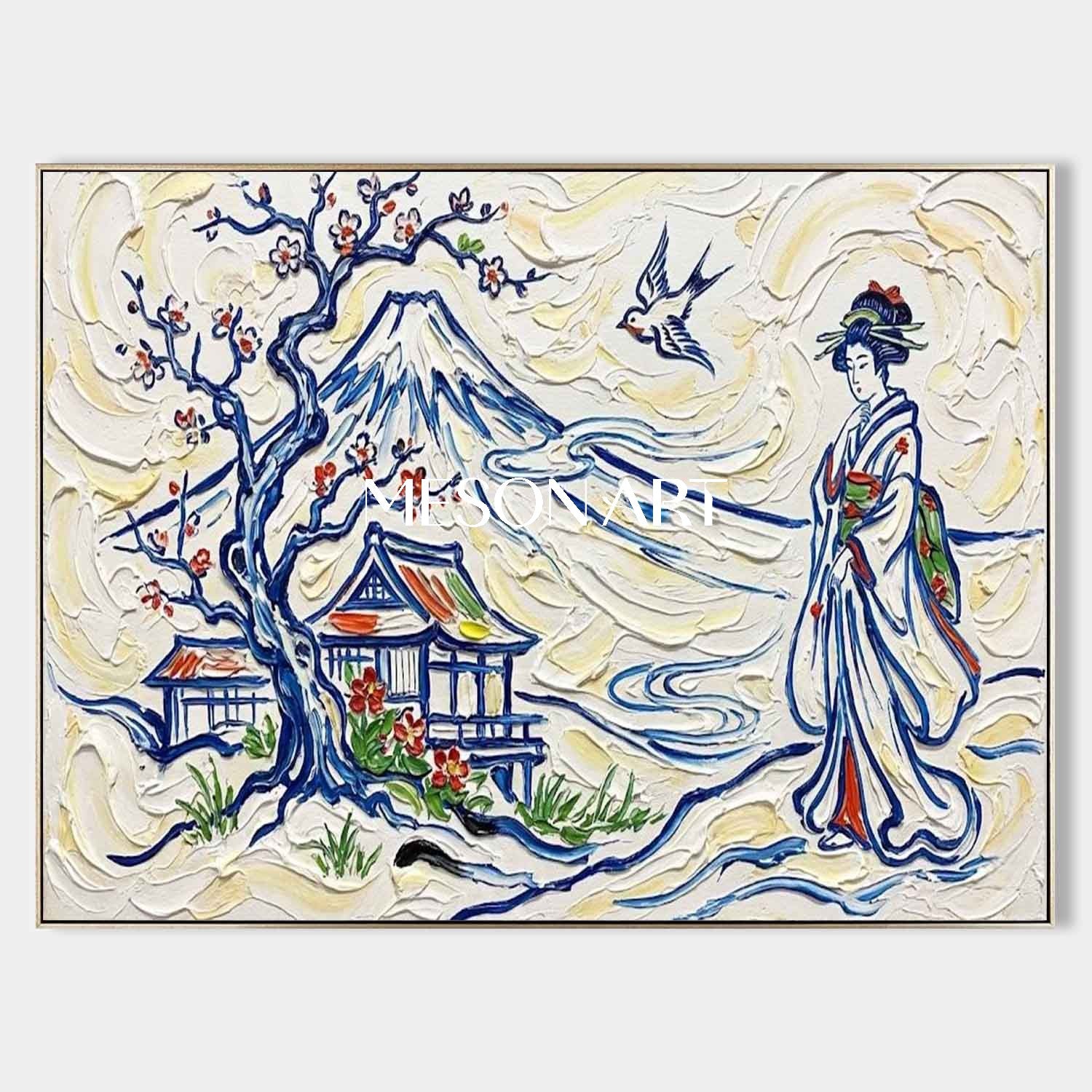 MesonArt 3D Textured Japanese Wall Art: Mount Fuji & Geisha Impasto Canvas Painting, Heavy Plaster Effect Knife Oil Art for Living Room Decor