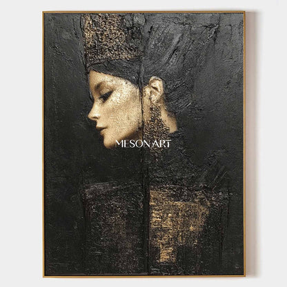 Pretty Woman Abstract Portrait Painting Black and Gold Lady Portrait Textured Canvas Art for Sale