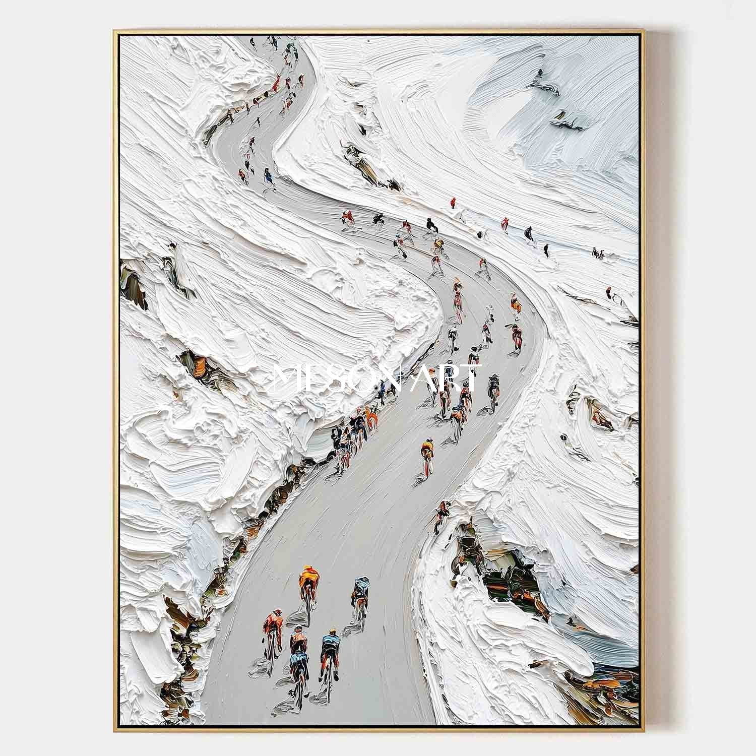 White Abstract Mountain Cycling Impasto Oil Painting Framed Office Art