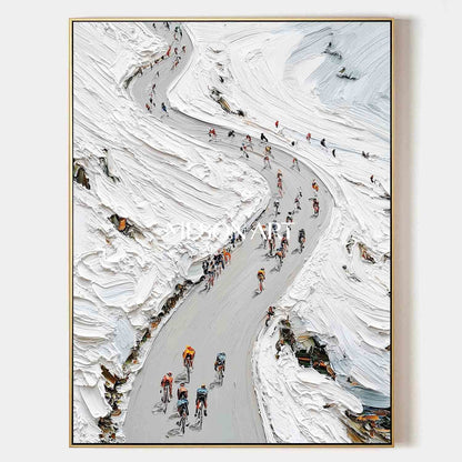 White Abstract Mountain Cycling Impasto Oil Painting Framed Office Art