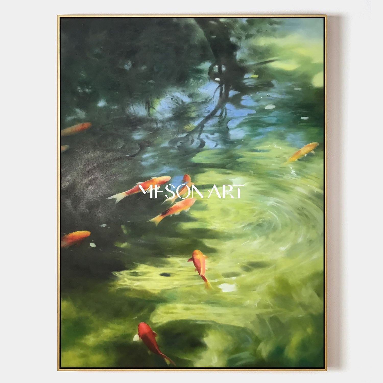 Handmade Green Water Feng Shui Koi Fish Canvas Peaceful Zen Wall Art