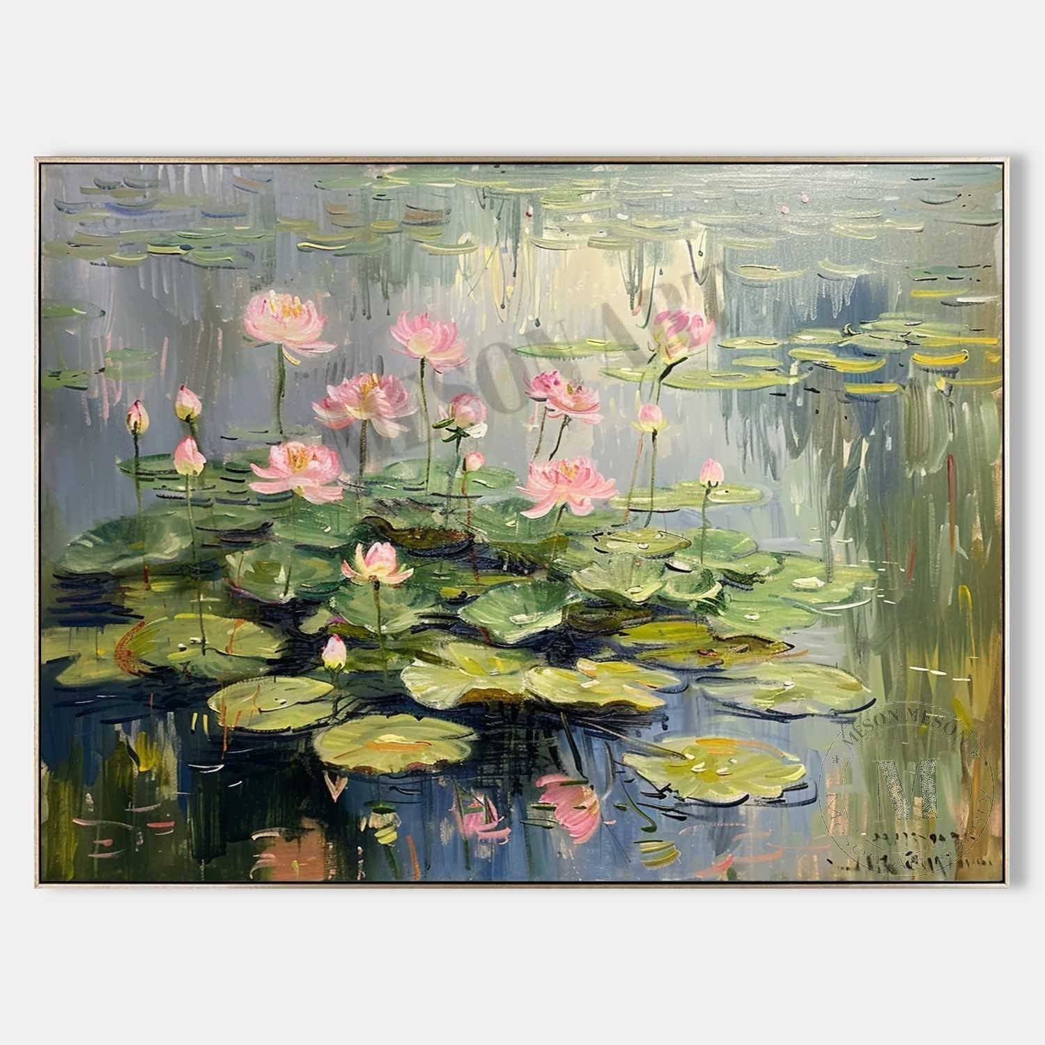 Large Monet Lotus Original Artwork Green Monet Lotus Canvas Wall Art Monet Lotus Oil Painting
