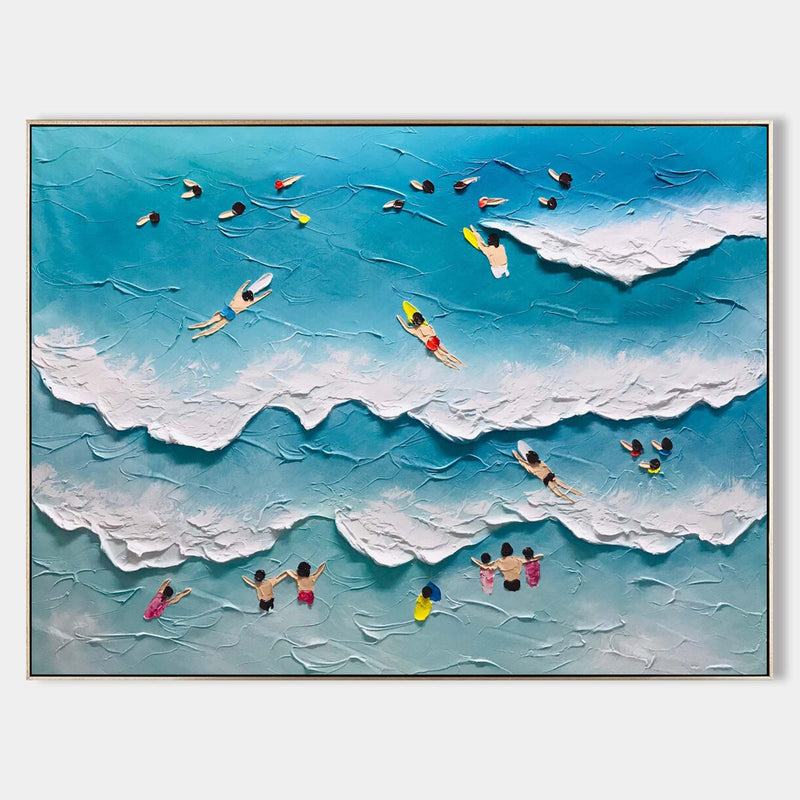 Large Blue Sea Swimming Oil Painting White Ocean Waves Canvas Art Sea Swimming Wall Decor