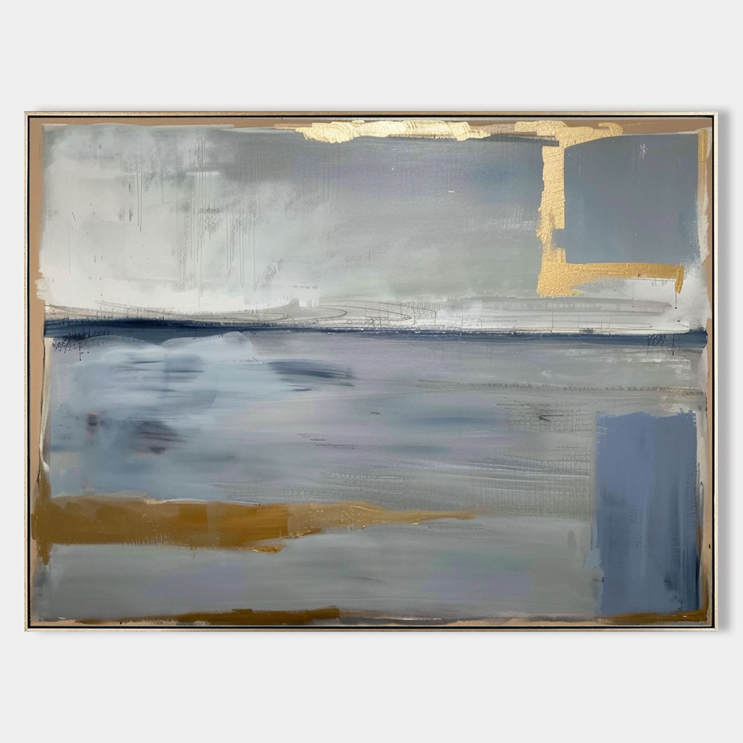 Light Blue and Gold Leaf Abstract Canvas Paintings Abstract Wall Art Decor Blue and Gold Abstract Art For Sale