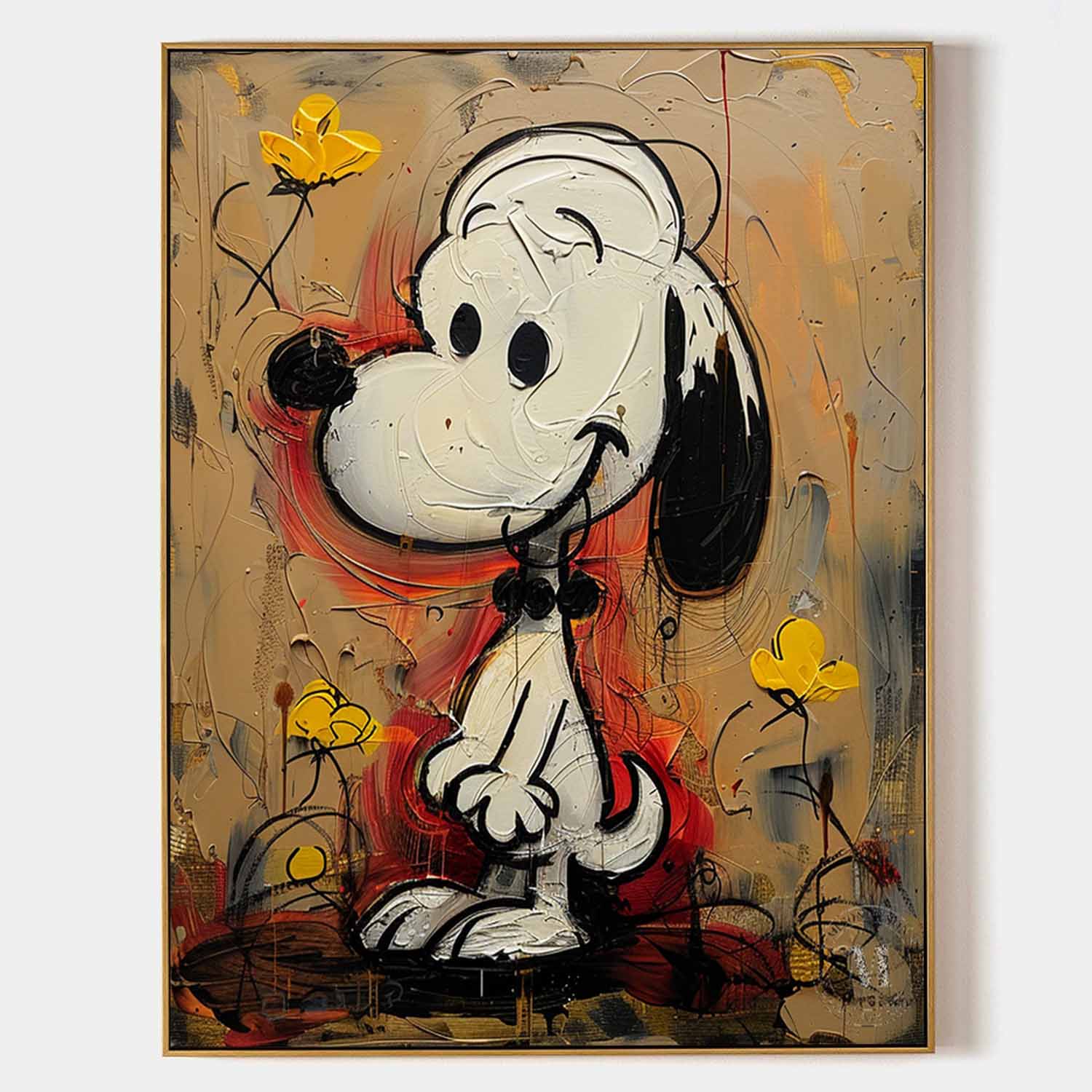 Snoopy with Yellow Flowers Graffiti Pop Canvas Large Framed Wall Art for Home and Kids Decor