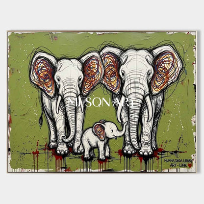 Textured Elephant Family Canvas Wall Art, 3D Pop Street Art For Living Room & Nursery Decor - MesonArt
