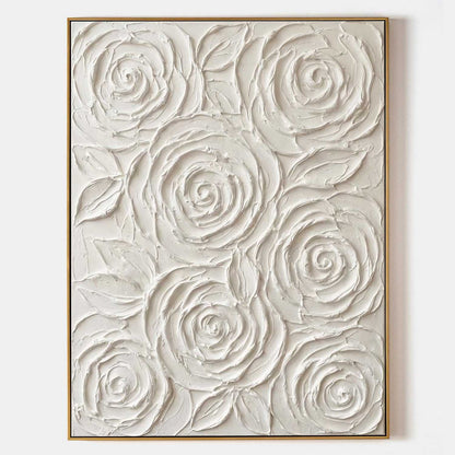 Vertical Gold Framed 3D White Rose Paintings Abstract Textured Wall Decor