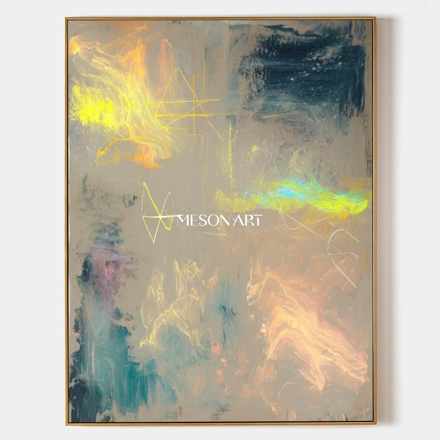 Large Gold and light blue abstract canvas art for sale modern wall art decor gold abstract art