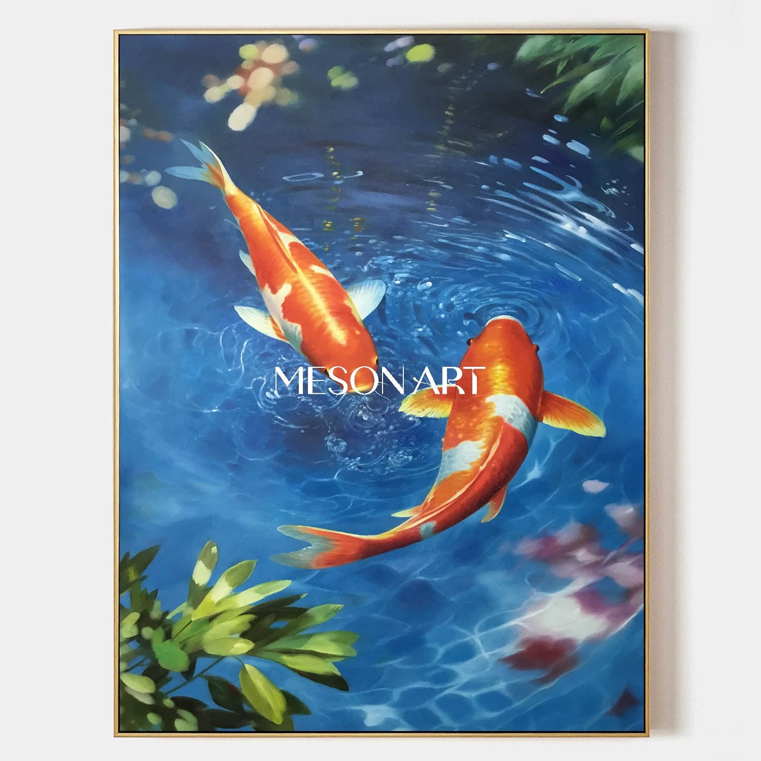 油彩画 鯉 木々 額装 絵画 アート 手描き垂直鯉魚額装キャンバス青い水の壁アート – MesonArt