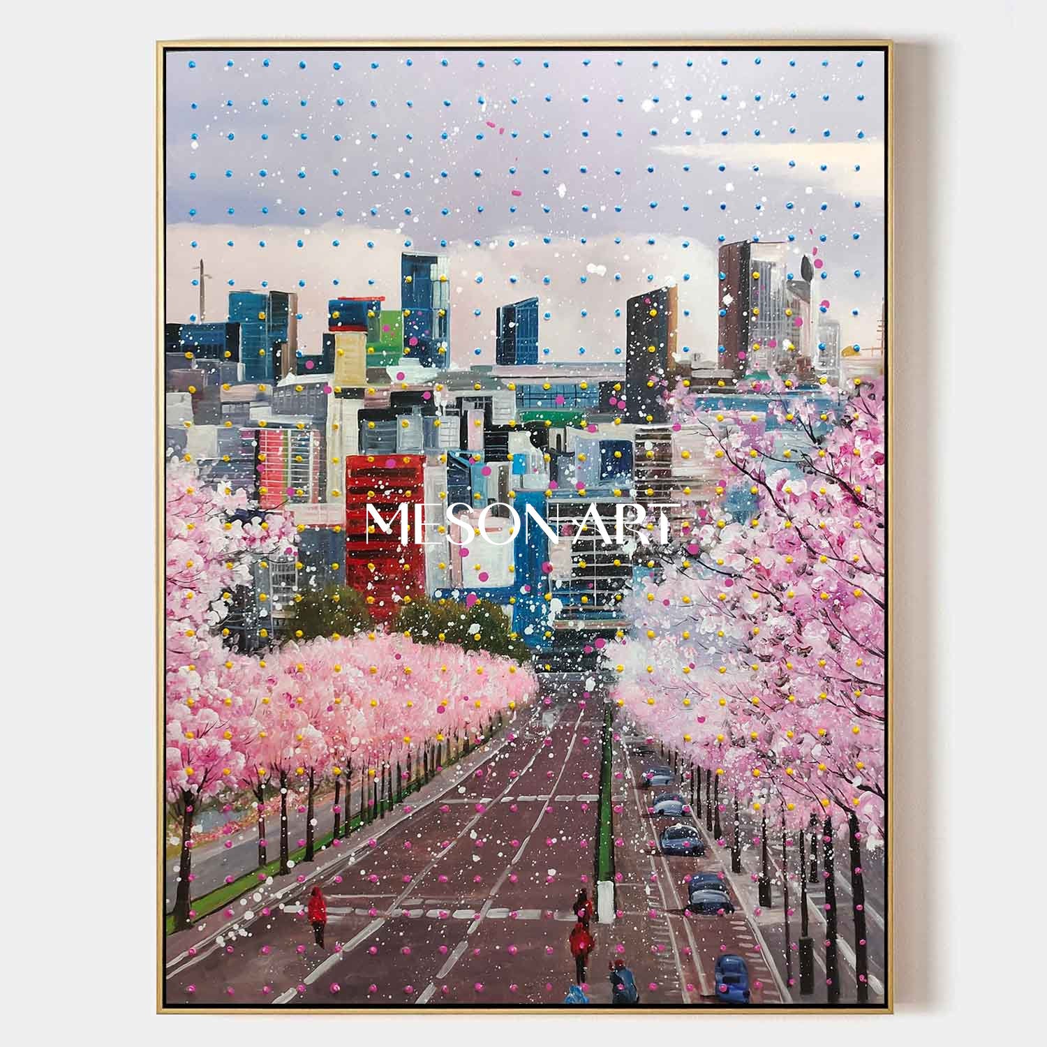 Sakura City Street Canvas Painting Contemporary Cherry Blossom Urban Wall Art