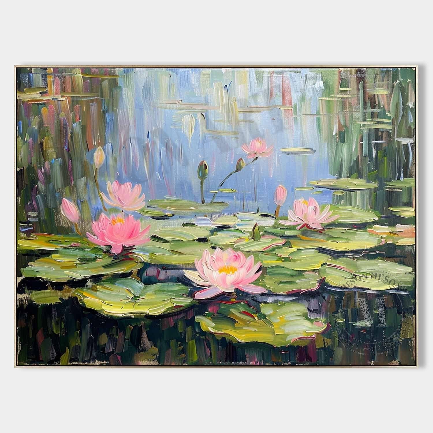 Large Green Monet Lotus Canvas Art Green Monet Lotus Oil Painting Lotus Lotus Canvas Wall Art