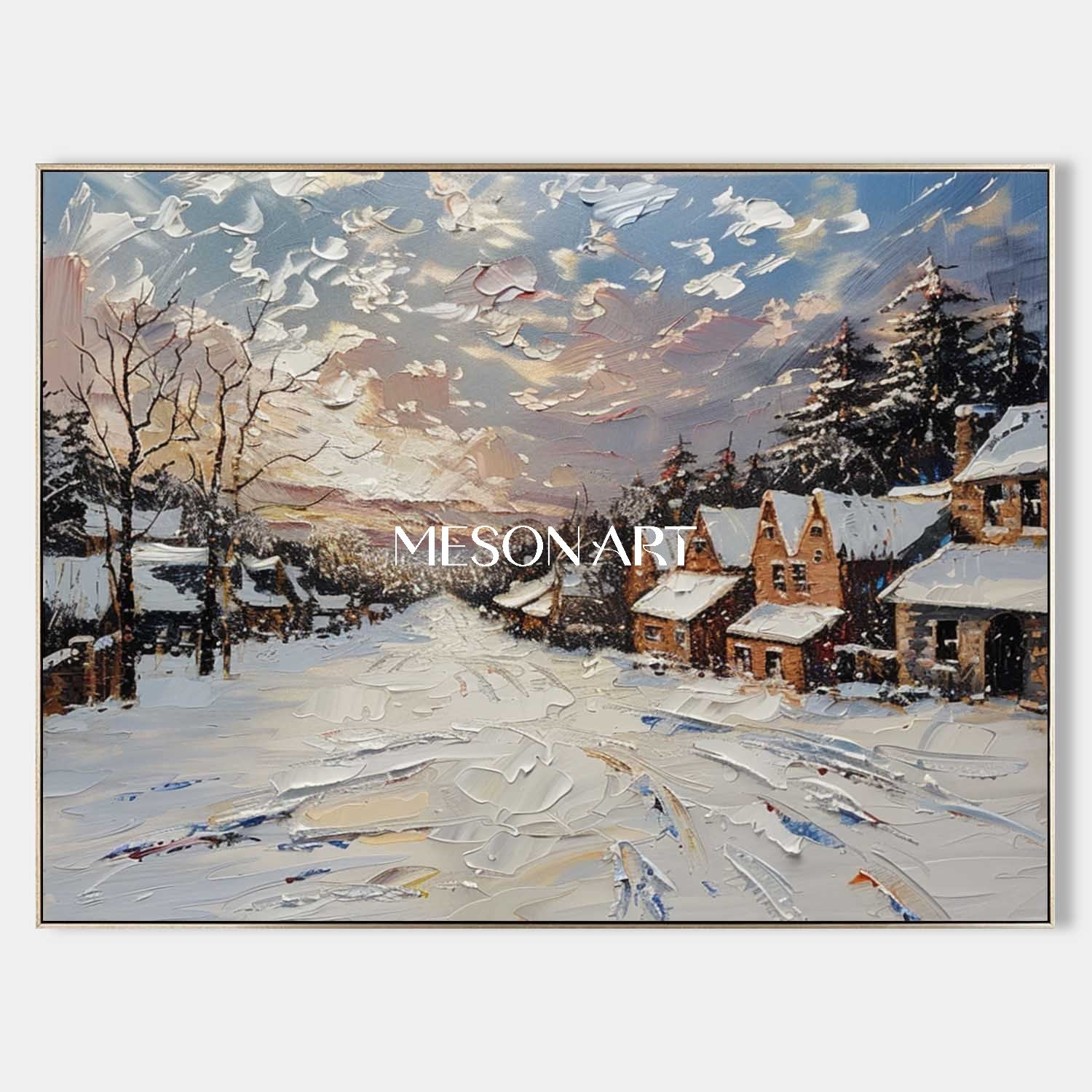 Impasto Snow Village Landscape Oil Painting Customizable Wall Decor