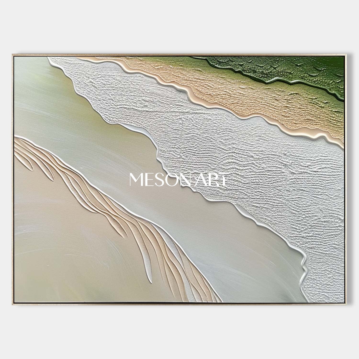 Green Beige Impasto Wave and Beach Textured Large Canvas Oil Painting
