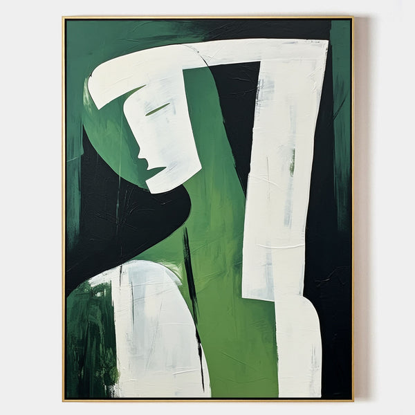 Large White and Green Minimalistic Abstract Wall Art Abstract Woman Art on Canvas Original Artist