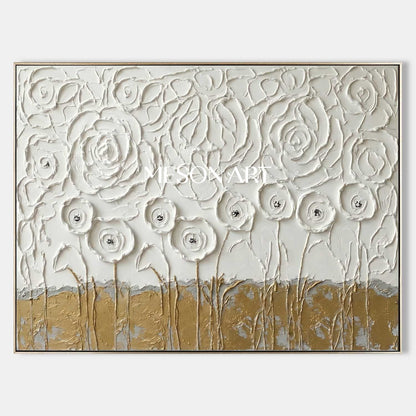 3D Gold and White Floral Textured Painting on Plaster Canvas Art