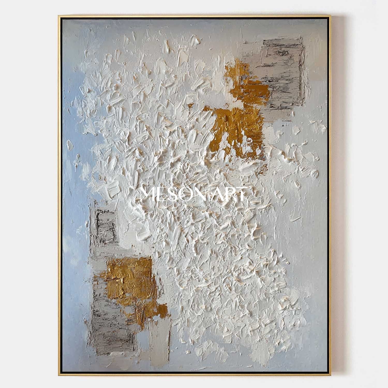 Abstract Expressionist Painting White Gold Texture Contemporary Art